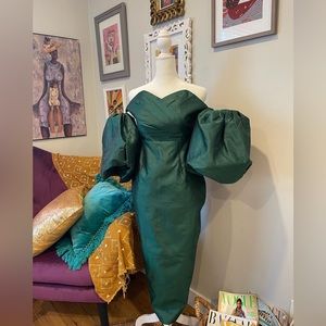 Emerald green off- Should puff sleeve Tiffany Dupioni dress